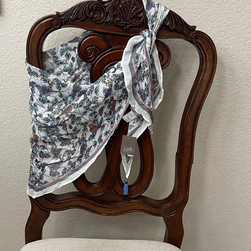 J. Jill White and green with pink floral bird scarf. Triangular with fringe. NWT